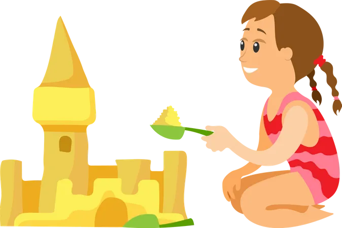 Girl Building Sand Castle with Scoop  Illustration