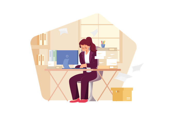 Girl busy at the workplace  Illustration