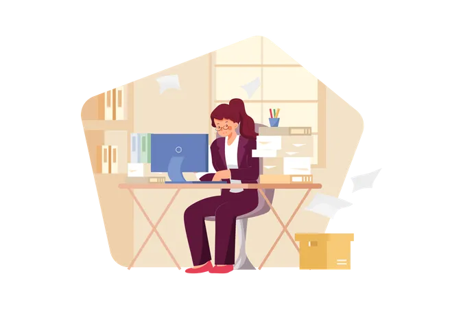 Girl busy at the workplace  Illustration