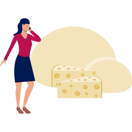 Girl busy on phone call while looking at cheese  Illustration