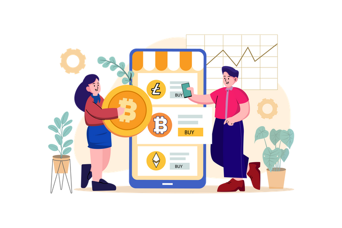 Girl buying bitcoin from cryptocurrency exchange Illustration