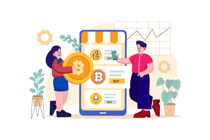 Girl buying bitcoin from cryptocurrency exchange  Illustration