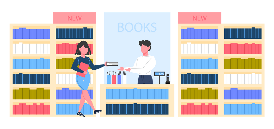 Girl buying book in bookstore Illustration