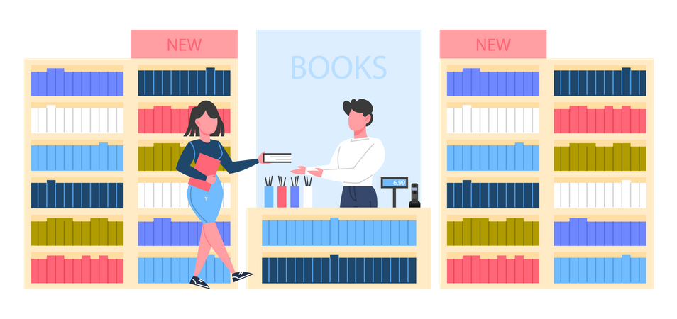 Girl buying book in bookstore  Illustration