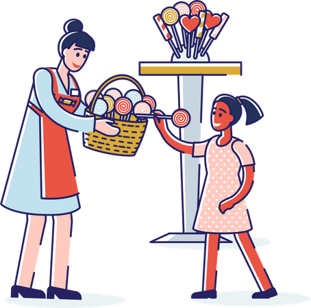 Girl buying candy on stick from candy shop female owner  Illustration