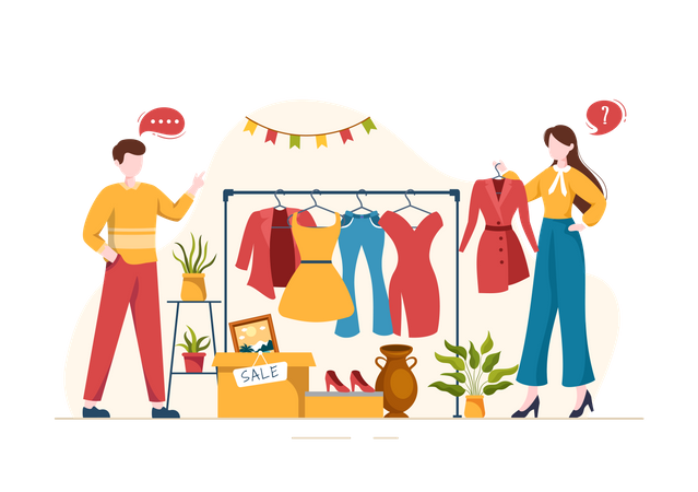 Girl Buying clothes at Fleamarket Illustration