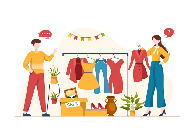 Flea Market Template Hand Drawn Cartoon Flat Illustration Second Hand Shop With Shoppers Swap Meet Sellers And Customers At Weekend Illustration