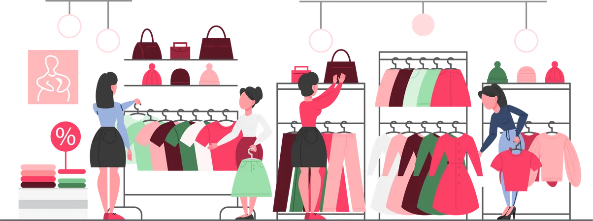 Clothing Store Interior Clothes For Men And Women Female Charachter Buying New Clothes Woman Choosing Clothes In The Clothing Store Vector Flat Illustration Illustration
