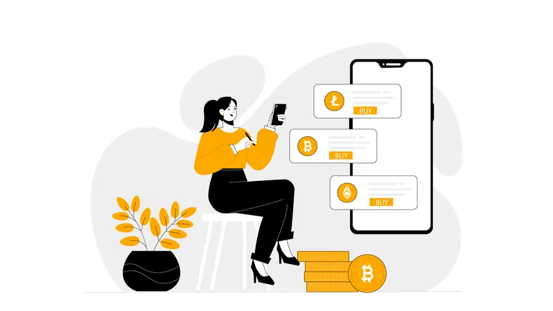 Girl buying crypto currency using mobile app  Illustration