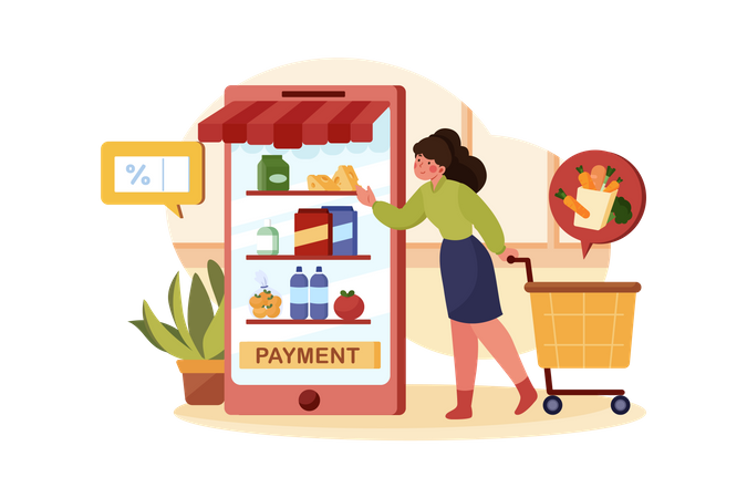 Girl buying discount groceries online at home Illustration