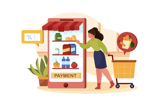 Girl buying discount groceries online at home  Illustration