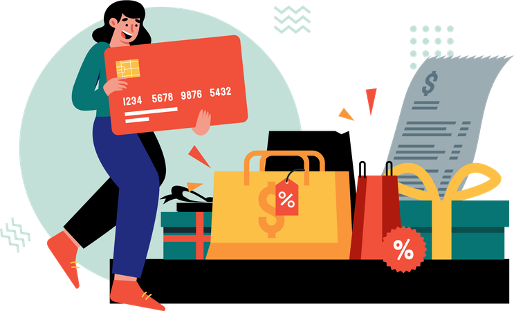 Girl buying discounted items with credit cards  Illustration