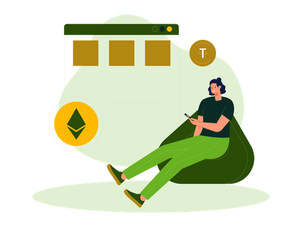 Girl buying ethereum using tether USDT  Illustration