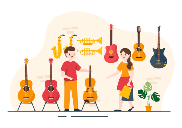 Girl Buying Guitar from music shop Illustration