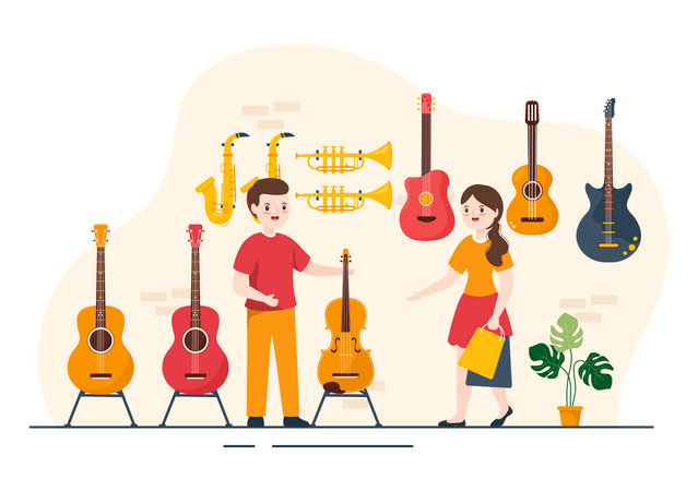 Girl Buying Guitar from music shop  Illustration