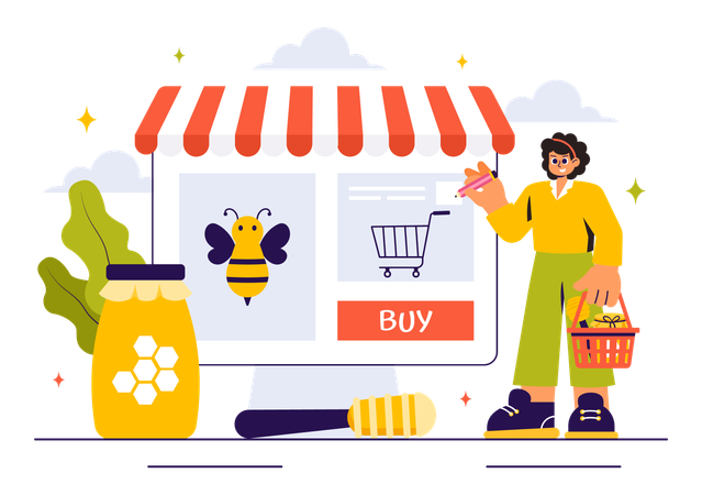 Girl buying honey from online store  Illustration