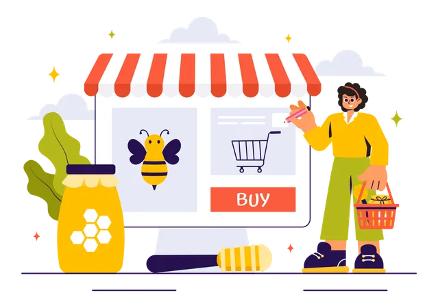 Girl buying honey from online store  Illustration