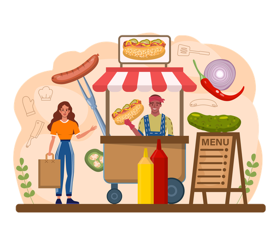 Girl buying hot dog from food vendor  イラスト