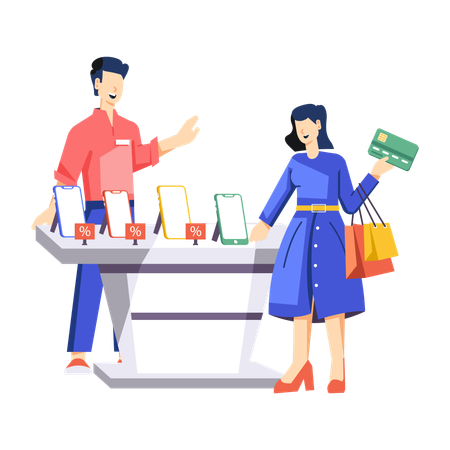 Girl buying phone at discount  Illustration