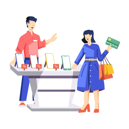 Girl buying phone at discount  Illustration