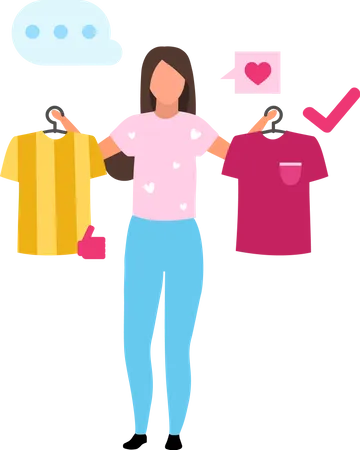 Girl Buying T Shirt Flat Vector Illustration Woman Making Decision Consumer In Mall Buying Clothes Cartoon Character Customer In Clothing Store Doing Purchases Consumerism And Merchandise Illustration