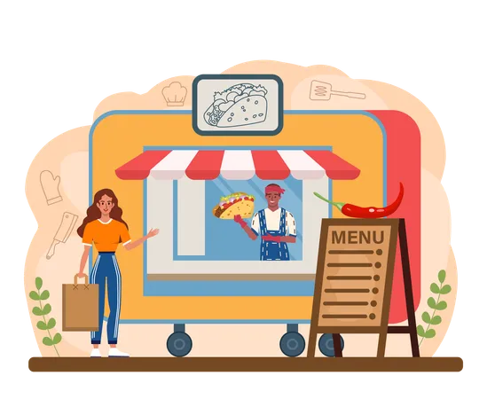 Girl buying tacos from food stall  Illustration