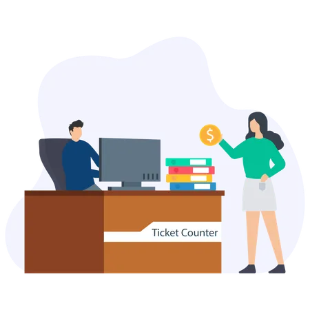 Girl buying ticket at Ticket Counter  Illustration