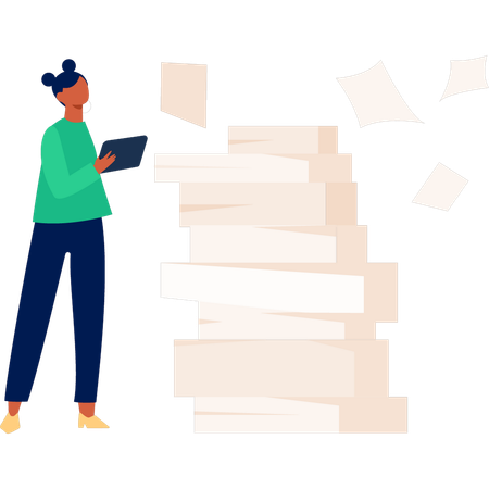 Girl calculating pile of books  Illustration