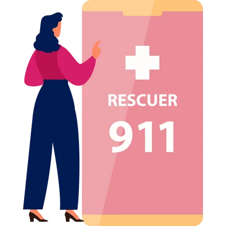 Girl Is Calling 911 Online On Mobile Illustration