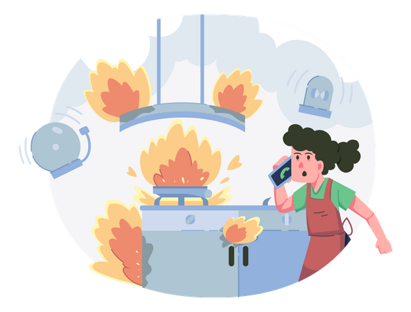 Girl calling fire emergency service due to fire in kitchen Illustration