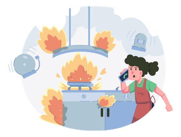 Girl calling fire emergency service due to fire in kitchen  Illustration