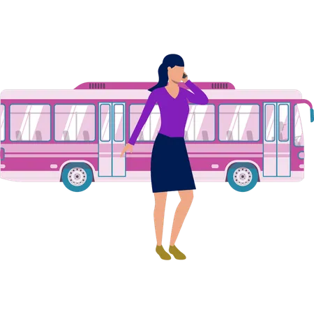 Girl calling someone outside bus  Illustration