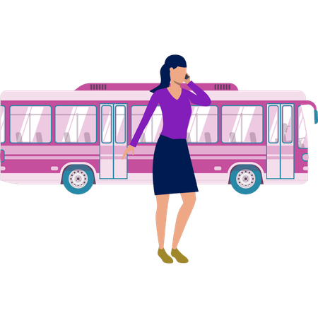 Girl calling someone outside bus  Illustration