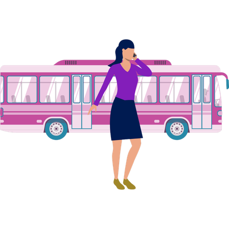 Girl calling someone outside bus  Illustration