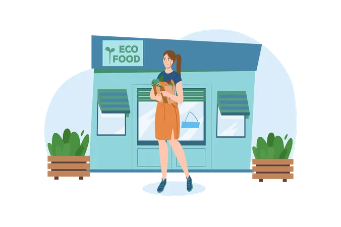 Girl came to a special store to buy only eco products  Illustration