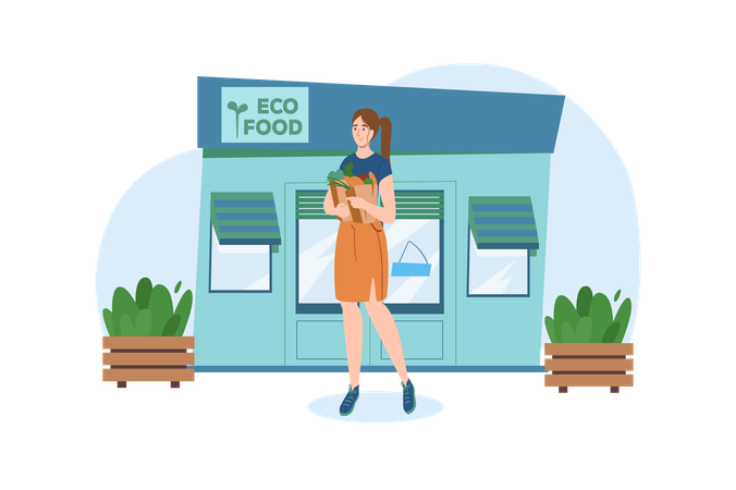 Girl came to a special store to buy only eco products  Illustration