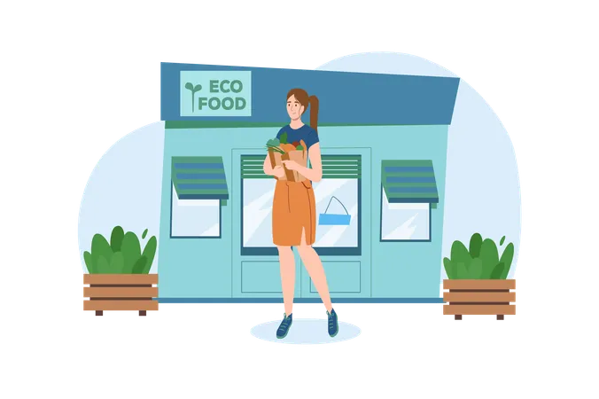 Blue Concept Shop With People Scene In The Flat Cartoon Design Girl Came To A Special Store To Buy Only Eco Products Vector Illustration Illustration