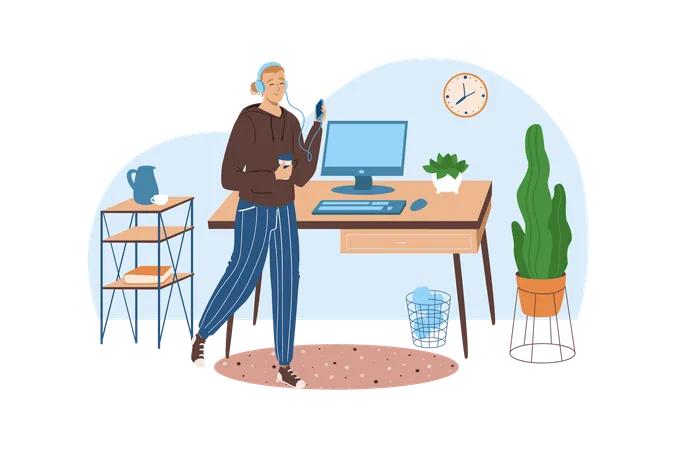 Workplace Blue Concept With People Scene In The Flat Cartoon Style Girl Came To Her Workplace With Coffee Vector Illustration Illustration