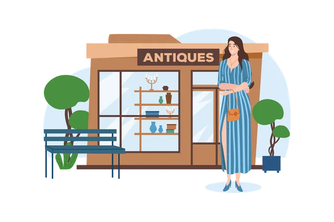 Shop Blue Concept With People Scene In The Flat Cartoon Style Girl Came To The Antique Shop Because She Collects Old Things Vector Illustration Illustration
