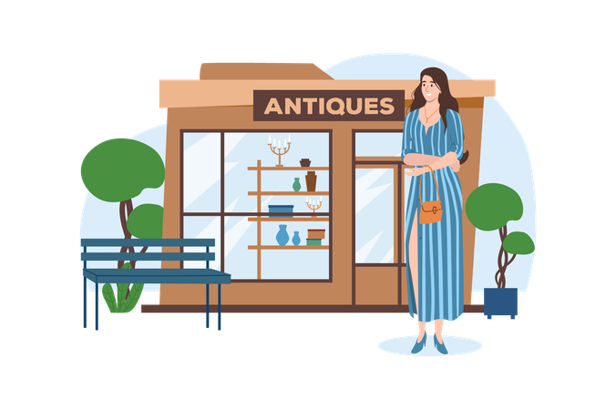 Girl came to the antique shop because she collects old things  Illustration