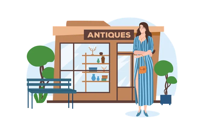 Girl came to the antique shop because she collects old things  Illustration
