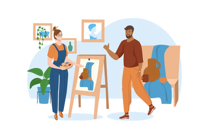 School Blue Concept With People Scene In The Flat Cartoon Style Girl Came To The School Of Painting And Began To Paint Still Life Vector Illustration Illustration