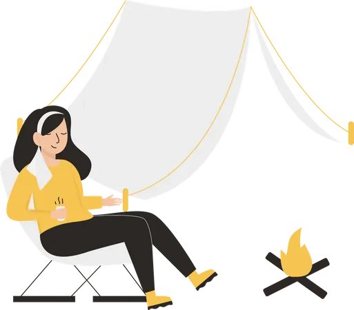 Simple Illustration Of A Woman Is Relaxing In Nature In A Tent Camp Vector Flat Style Illustration Illustration