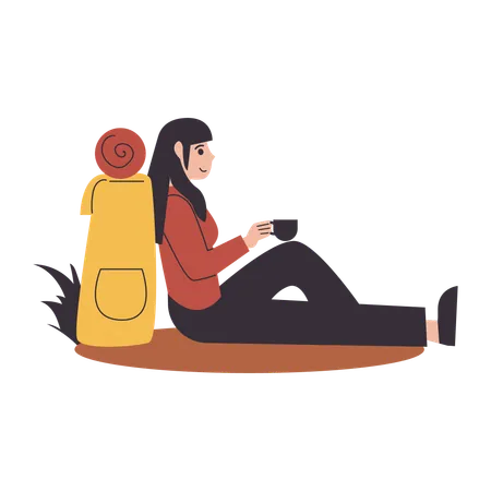 Girl camping drinking coffee  Illustration