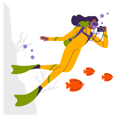 Girl capturing underwater fish photos  Illustration