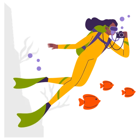 Girl capturing underwater fish photos  Illustration