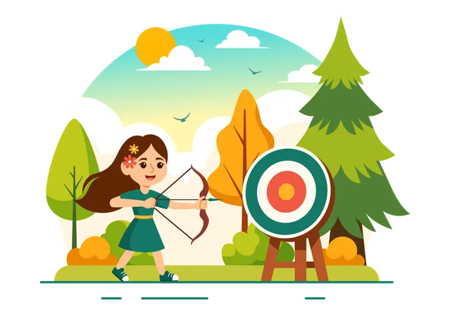 Vector Illustration Of Archery Sport With A Bow And Arrow Aiming At A Target Depicting An Outdoor Recreational Activity In A Flat Cartoon Background Illustration