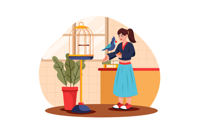 Girl Caring Domestic Animal  Illustration