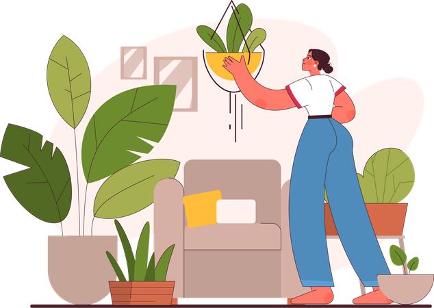 Girl caring plant pot  Illustration