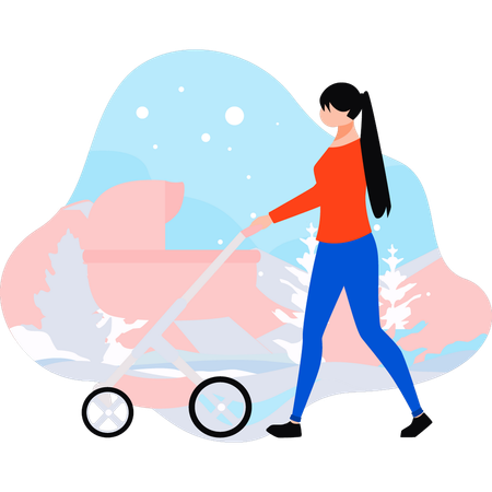 Girl carries a baby in a stroller  Illustration